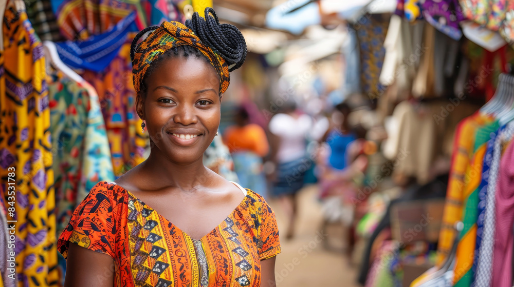 Fototapeta premium Confident fashion-forward Black woman in a vibrant marketplace