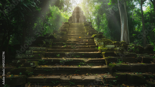 Ancient temple ruins emerging from a lush jungle with mystical rays of light