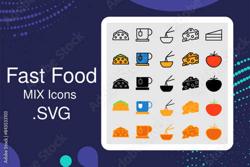 Set of 25 Fast Food icons related to Tea cup, Burger, Ice cream, Cheese Mixup Icon collection photo