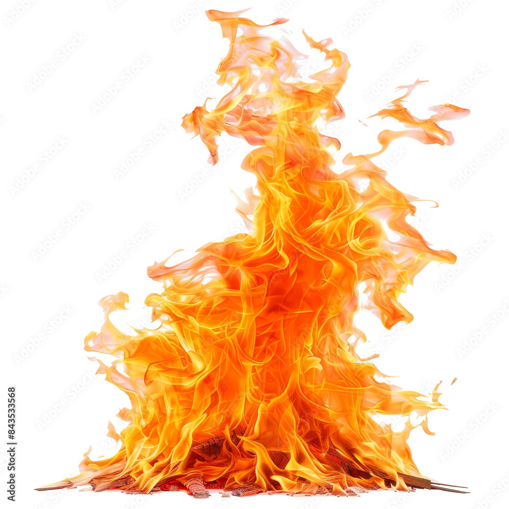 Bright flames rising with intense heat, isolated on white background. Concept of fire, energy, and combustion. Bright flames rising with intense heat, isolated on white background. Concept of fire, energy, and combustion.