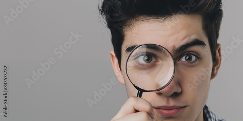 A young man looks through a magnifying glass.