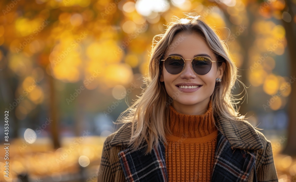 Woman Smiling In Fall Park Wearing Sunglasses and Sweater Woman Smiling In Fall Park Wearing Sunglasses and Sweater