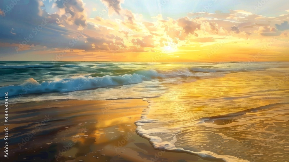 Stunning sunset over the ocean as waves gently crash onto a sandy beach. The sky is painted with vibrant hues of orange and blue. Ideal for backgrounds, travel ads, or nature-themed projects. AI. Stunning sunset over the ocean as waves gently crash onto a sandy beach. The sky is painted with vibrant hues of orange and blue. Ideal for backgrounds, travel ads, or nature-themed projects. AI.