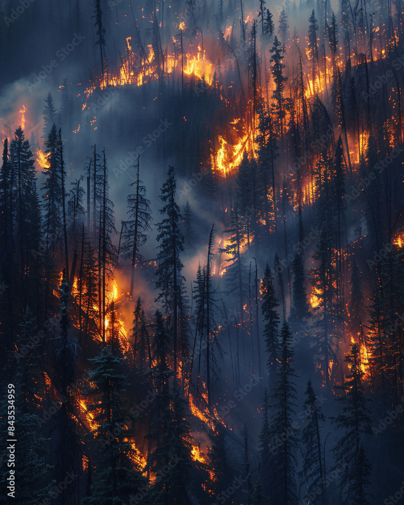 A devastating Canadian forest fire with flames and smoke destroying the natural environment. Emergency response and evacuation may be necessary. A devastating Canadian forest fire with flames and smoke destroying the natural environment. Emergency response and evacuation may be necessary.