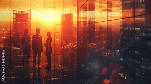 Silhouettes of business people standing in an office with double exposure of a cityscape at sunset