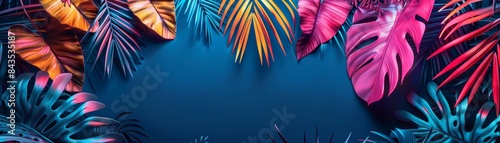 Vibrant tropical leaves background with colorful foliage on a dark blue backdrop, perfect for summer and exotic designs.