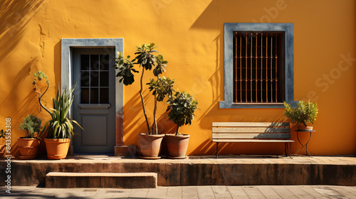 Idyllic front view photo of black wall, black steps, window, red door. Mexican architecture