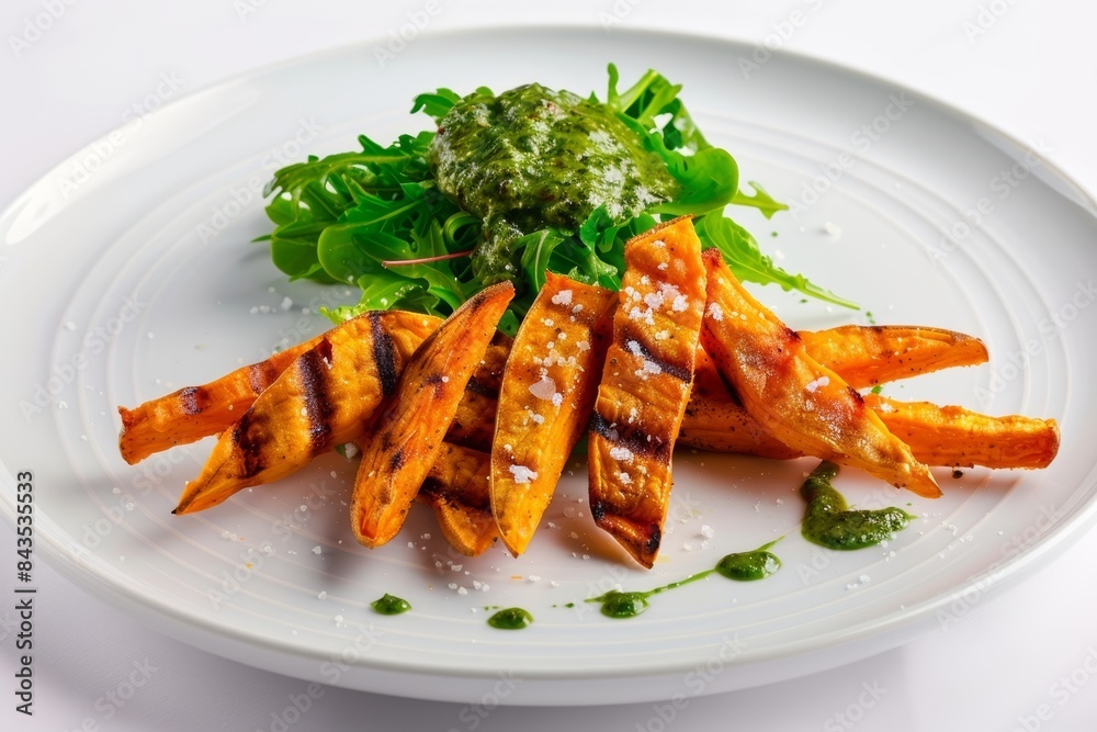 Artfully Presented Baked Sweet Potato Fries with Fresh Greens Artfully Presented Baked Sweet Potato Fries with Fresh Greens
