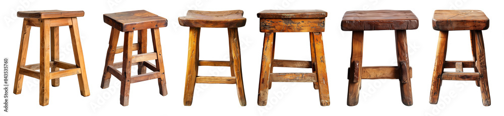 collection of wooden stool chairs isolated on a transparent background, equipment, furniture, home decoration, interior decoration, cut-out, PNG