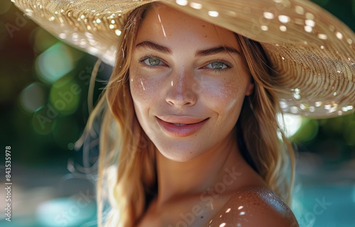 Woman Wearing Straw Hat Smiles by Pool on Sunny Day