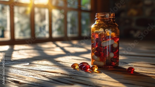 Glass Jar Filled With Multicolored Pills on a Wooden Table in Sunlight