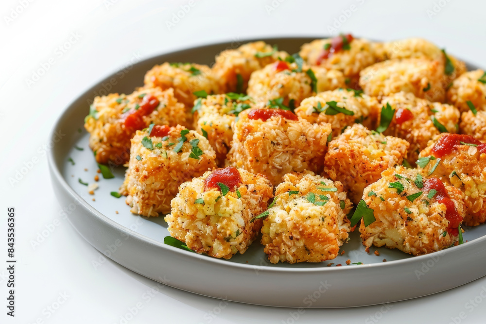 Golden Baked Cauliflower Tots with Crispy Rice Cereal and Fluffy Interior, Served with Variety of Dipping Sauces Golden Baked Cauliflower Tots with Crispy Rice Cereal and Fluffy Interior, Served with Variety of Dipping Sauces