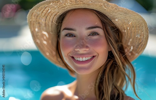 Woman Wearing Straw Hat Smiles by Pool on Sunny Day