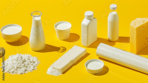 White dairy products are laid out on a yellow background using mirror reflections, creating the feeling of an endless line of products. --no text --ar 16:9 --quality 0.5 Job ID: 4ee3765d-9f65-47b5