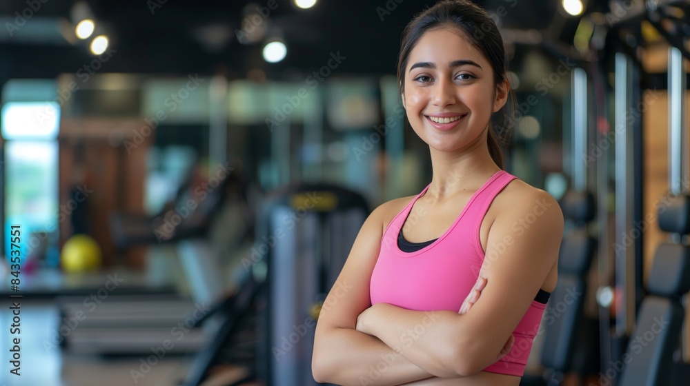 Confident Young Pakistani Female Fitness Trainer in a Modern Gym Setting, Promoting Health and Well-being Confident Young Pakistani Female Fitness Trainer in a Modern Gym Setting, Promoting Health and Well-being