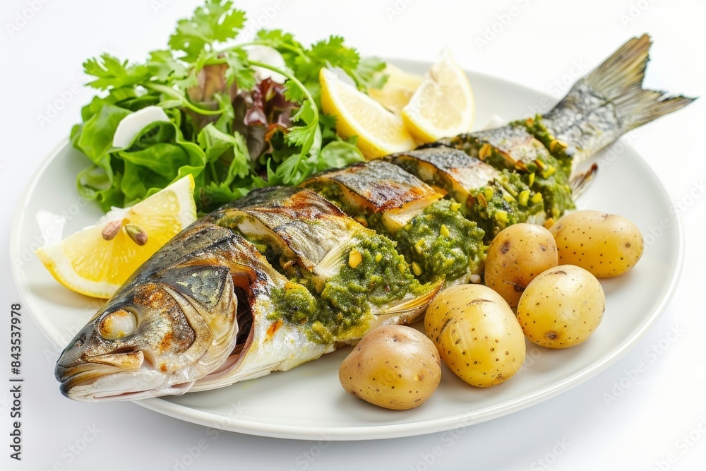 Tasty Baked Sea Bass with Fresh Cilantro Chutney and Salad Tasty Baked Sea Bass with Fresh Cilantro Chutney and Salad