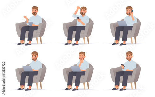 Business man works at a laptop and makes calls while sitting in a chair on a white background. Internet work. Vector illustration