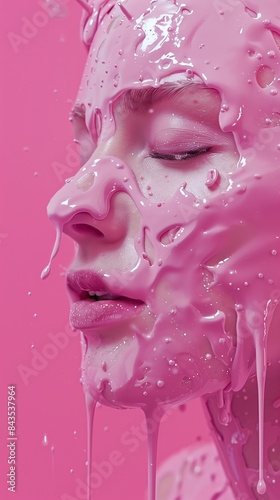 Abstract artistic portrait of a face covered with flowing pink paint