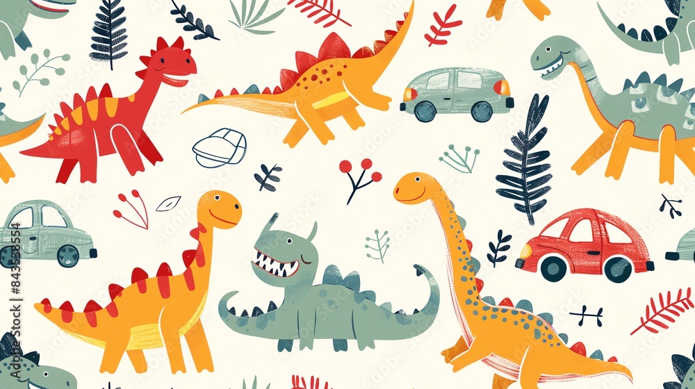 Seamless pattern of hand-drawn cartoon dinosaurs and toy cars, creating a vibrant and adventurous look for kids Seamless pattern of hand-drawn cartoon dinosaurs and toy cars, creating a vibrant and adventurous look for kids