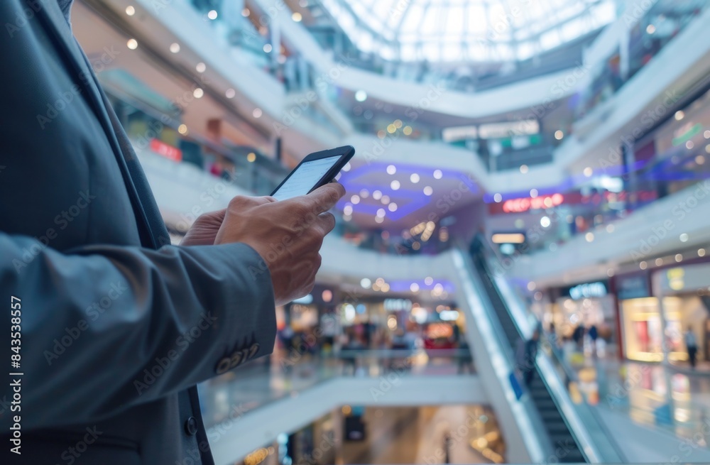 A man holding a smartphone and typing on it in a shopping mall. A man holding a smartphone and typing on it in a shopping mall.