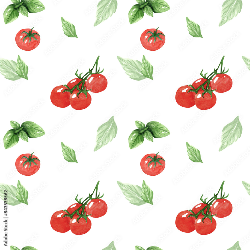 Seamless pattern from tomatoes and green basil, herbs. Hand drawn watercolor illustration on white background. Template for design menu, textiles, printing, packaging.