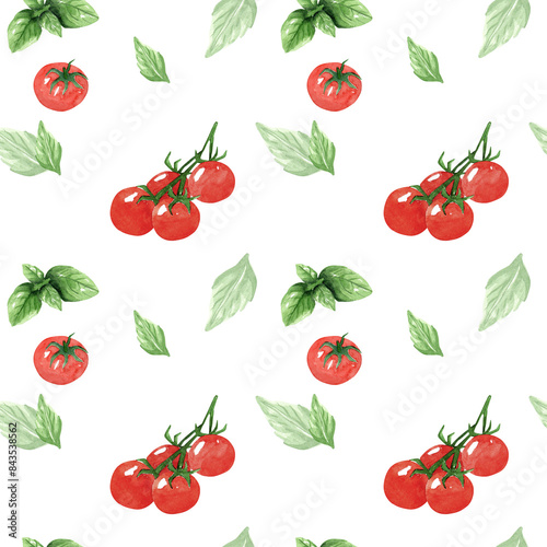 Seamless pattern from tomatoes and green basil, herbs. Hand drawn watercolor illustration on white background. Template for design menu, textiles, printing, packaging.