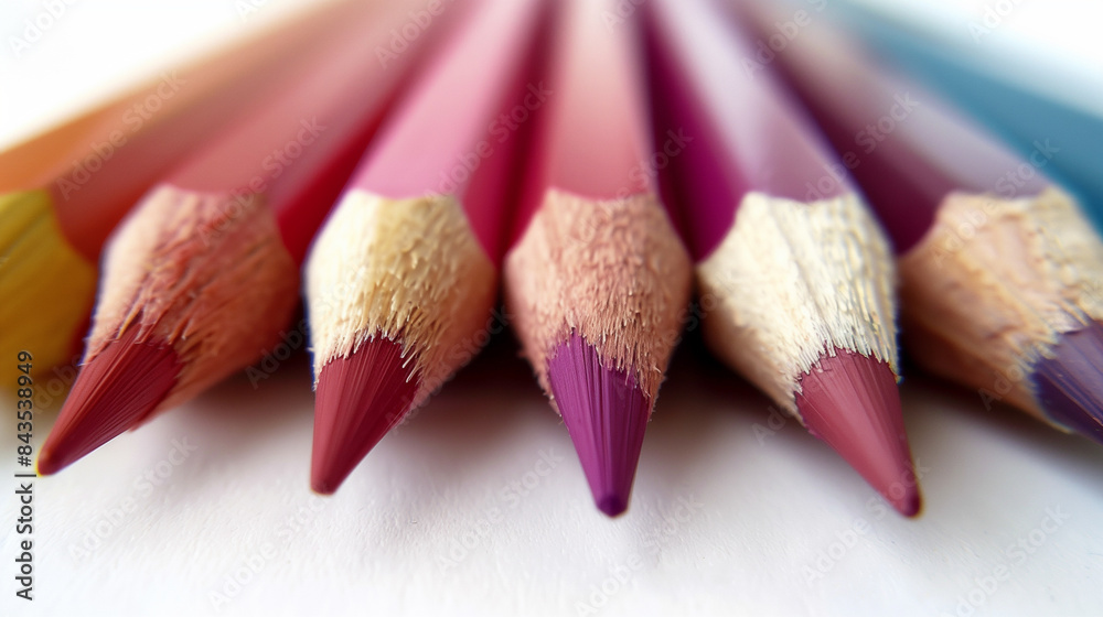 A row of pencils with different colors, including red, pink, and yellow A row of pencils with different colors, including red, pink, and yellow