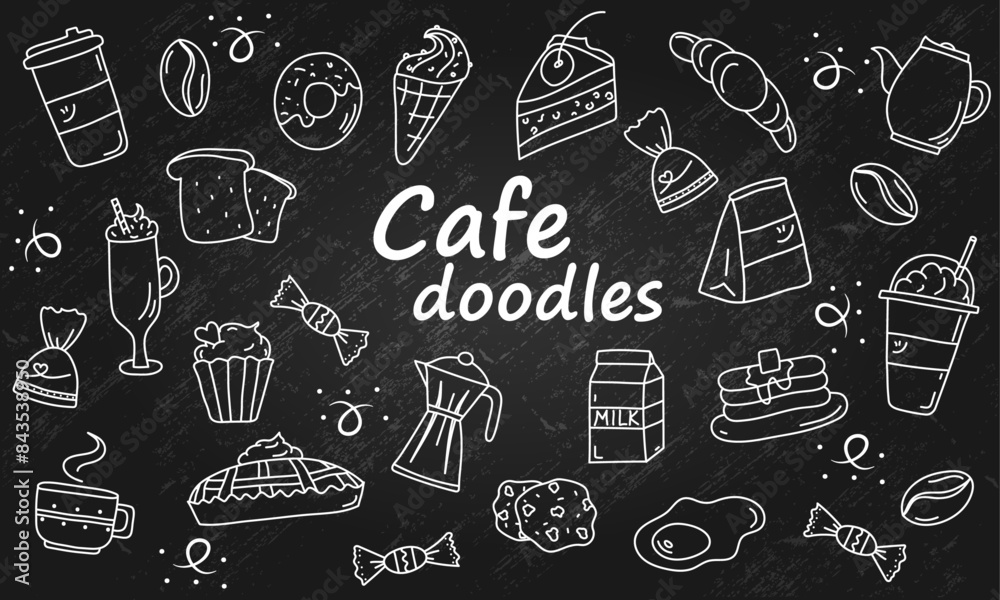Set of Hand Drawn Cafe White Doodles on a Blackboard with Grunge Texture, Icons Cafe, Concept, Outline, Sketch, Breakfast, Coffee, Sweet, Pie, Cake, Pancakes, Ice Cream, Donut, Vector 