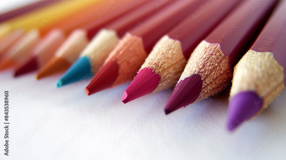 Obraz premium A row of pencils with different colors, including purple and blue