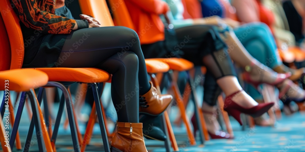 Obraz premium A lifestyle illustration of a number of people in different types of jeans and brogues sitting comfortably on some stainless orange chairs in a crossing legs pose.