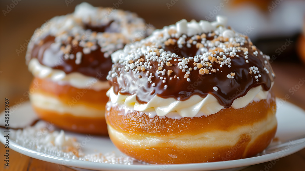 Closeup of doughnuts with cream filling, dusted in white powder on a plate. Closeup of doughnuts with cream filling, dusted in white powder on a plate.
