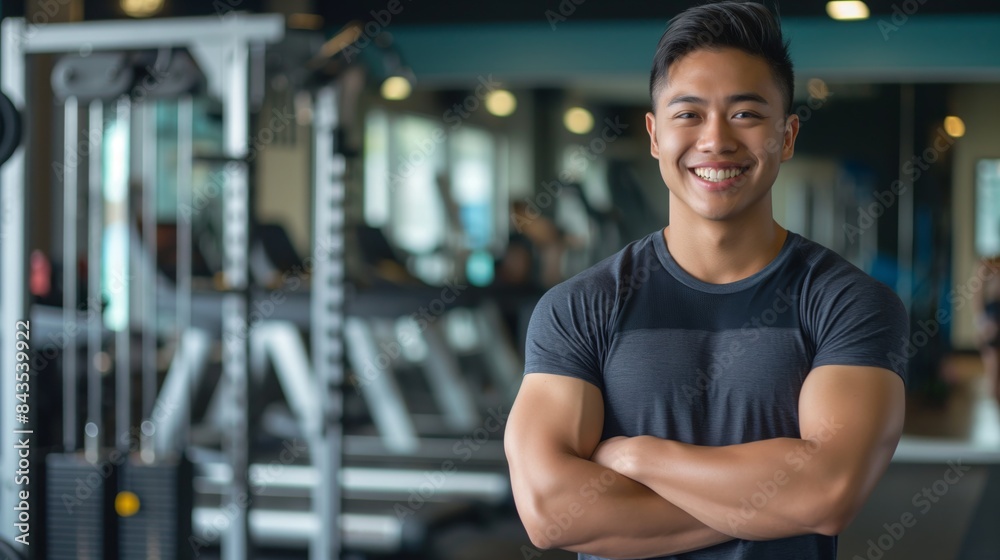 Smiling Filipino Fitness Trainer in Gym Setting for Health and Wellness Promotion Smiling Filipino Fitness Trainer in Gym Setting for Health and Wellness Promotion