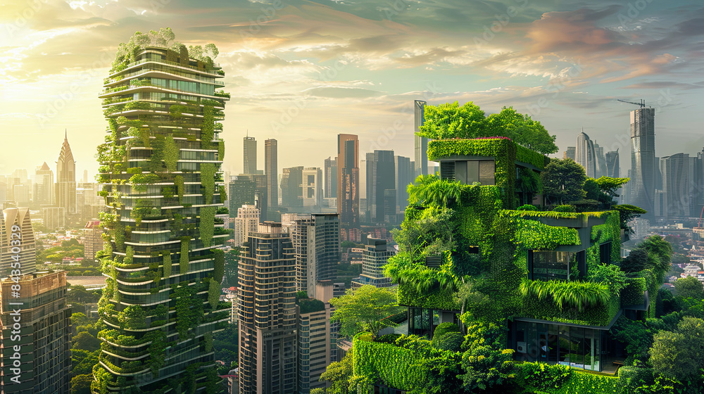 futuristic city skyline with green rooftops and vertical gardens ...