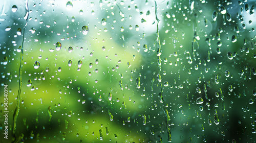Raindrops on a window with a blurred green background.