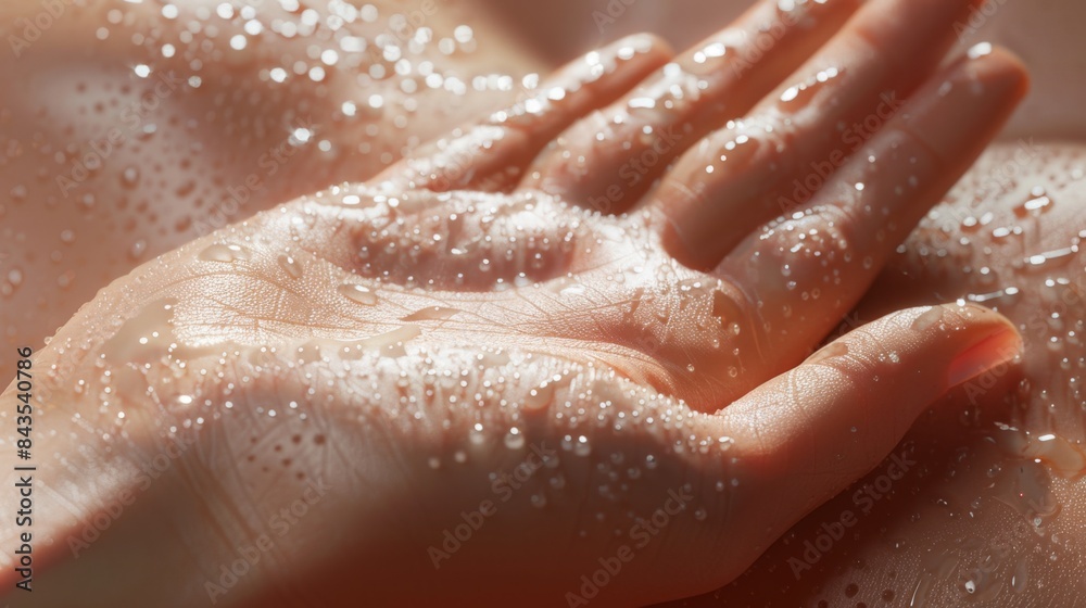 Close-up image of a water-soaked hand with water droplets, capturing the texture and shine of skin under moisture. Perfect for wellness themes. Close-up image of a water-soaked hand with water droplets, capturing the texture and shine of skin under moisture. Perfect for wellness themes.