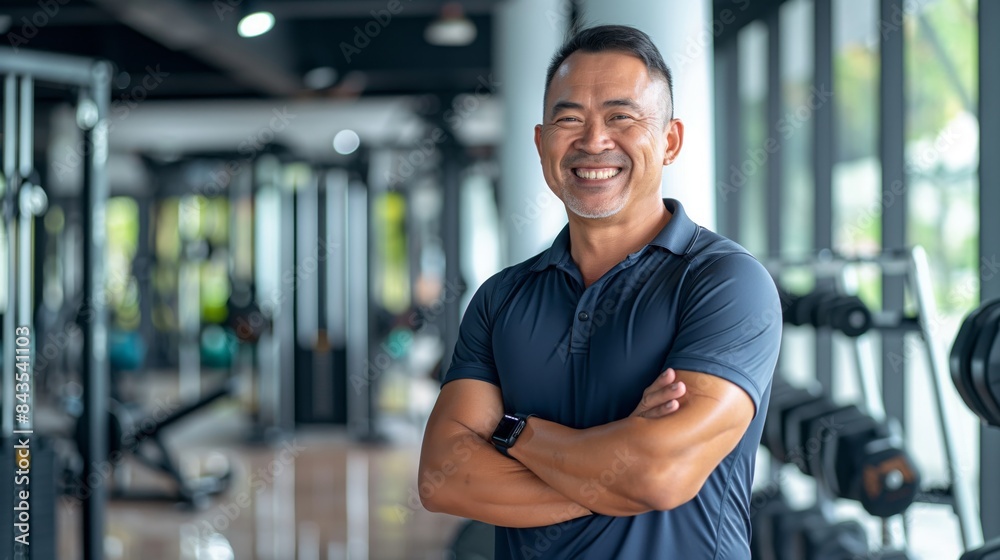 Fototapeta premium Smiling Middle-Aged Indonesian Male Fitness Trainer in Gym, Promoting Health and Wellness, Ideal for Fitness Marketing