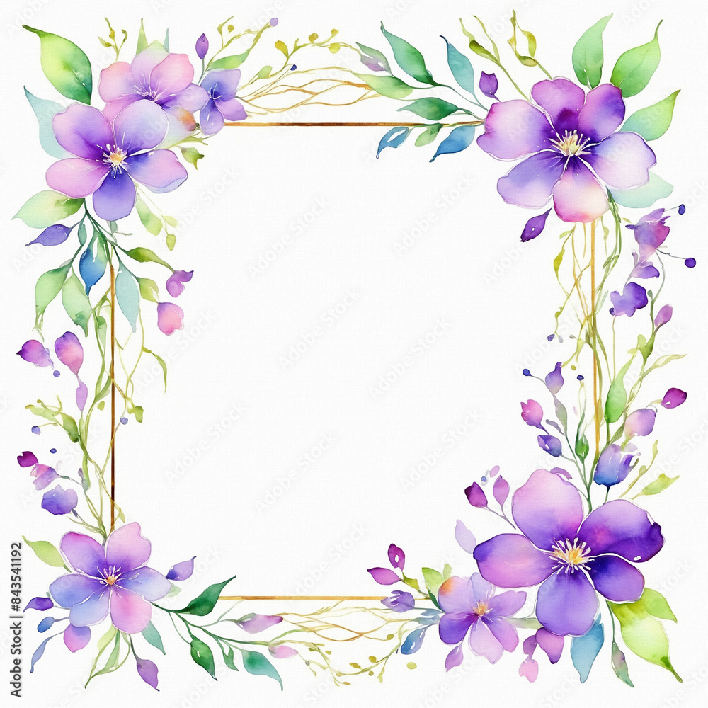Purple flowers blossom and green leaves frame with white blank space background, watercolor painting style, generative AI.