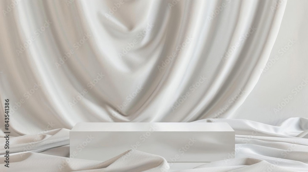 Elegant white podium with draped fabric backdrop, perfect for showcasing products or elegant presentations in a minimalist setting. Elegant white podium with draped fabric backdrop, perfect for showcasing products or elegant presentations in a minimalist setting.