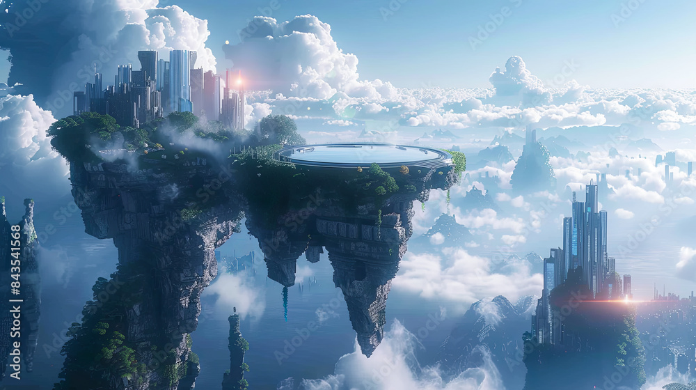 Fototapeta premium Fantasy alien planet and city. 3D rendering. Mixed media