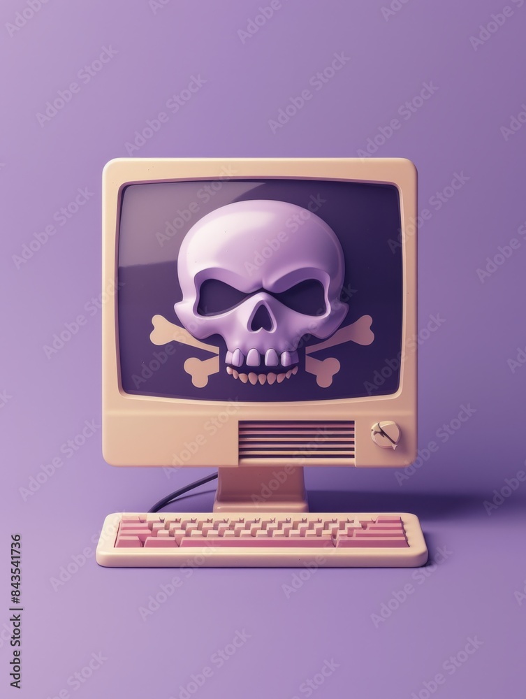 Retro computer with skull and bones on screen - A vintage-looking computer renders a skull and crossbones image, symbolizing danger or piracy Retro computer with skull and bones on screen - A vintage-looking computer renders a skull and crossbones image, symbolizing danger or piracy