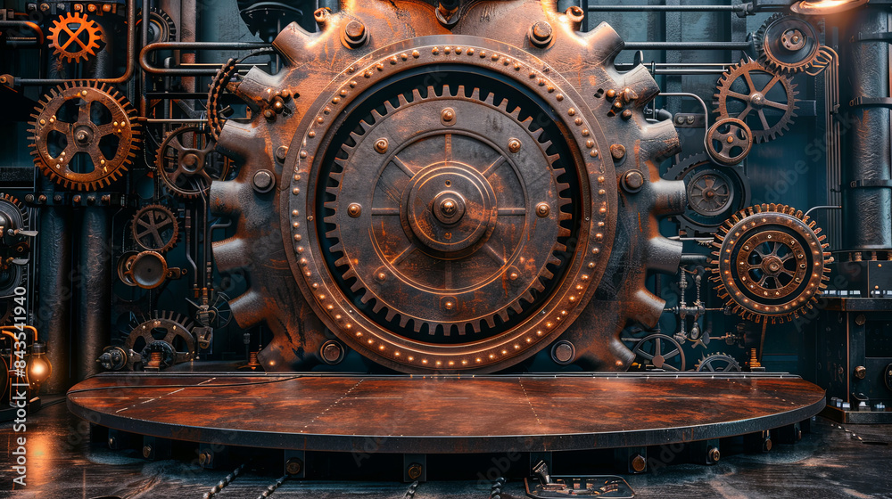 industrial-style podium made of metal pipes and gears against a backdrop of gears and machinery industrial-style podium made of metal pipes and gears against a backdrop of gears and machinery