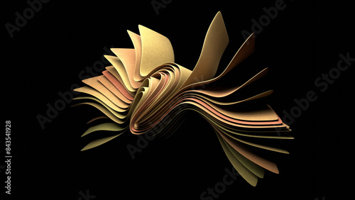 Folded and undulating fabrics in various shades of green form a butterfly-like shape at the center of the composition, creating a visually striking and organic design.
