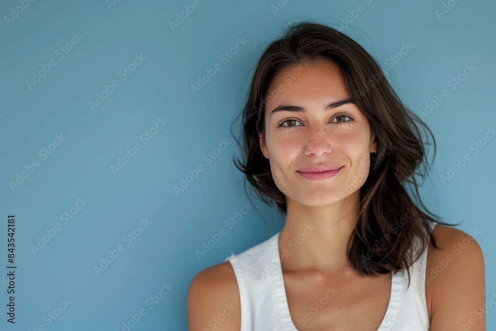 A close up portrait of a young woman with a subtle smile A close up portrait of a young woman with a subtle smile