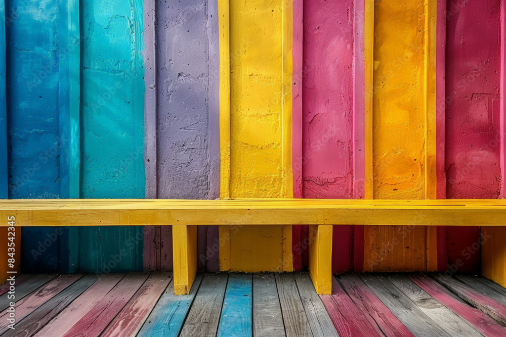 Yellow wooden bench sits in front of wall painted in vertical stripes of blue, purple, yellow, pink Yellow wooden bench sits in front of wall painted in vertical stripes of blue, purple, yellow, pink