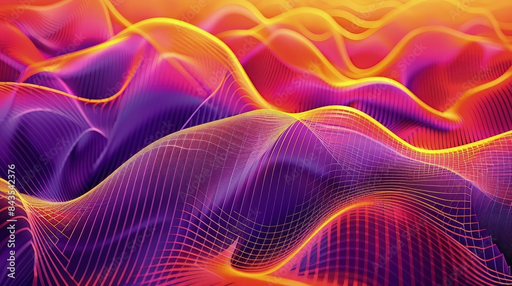 Obraz premium An abstract representation of sound waves rippling across a vibrant gradient background, from deep purples to bright oranges, symbolizing a dynamic sound spectrum.