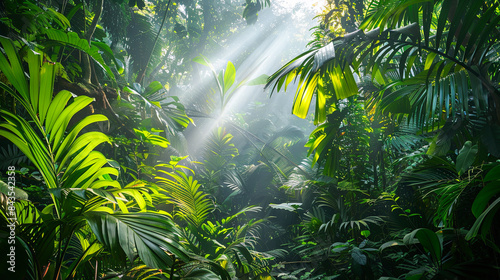 Tropical rainforest with sun rays shining through the leaves.