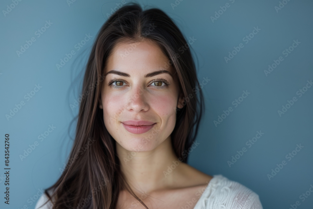 A close up portrait of a young woman with a subtle smile A close up portrait of a young woman with a subtle smile