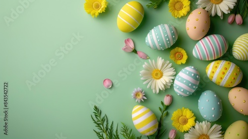 Easter background with colorful eggs and flowers on a green color.