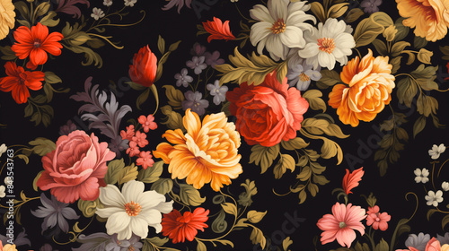 Beautiful floral elegant swirls damask fabric seamless pattern of hand drawn flowers with decorative dark vintage with colorful wallpaper background