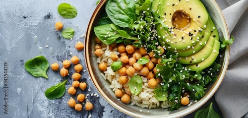 Healthy vegan bowl with fresh avocado, chickpeas, spinach, and rice, garnished with sesame seeds on a rustic gray background.